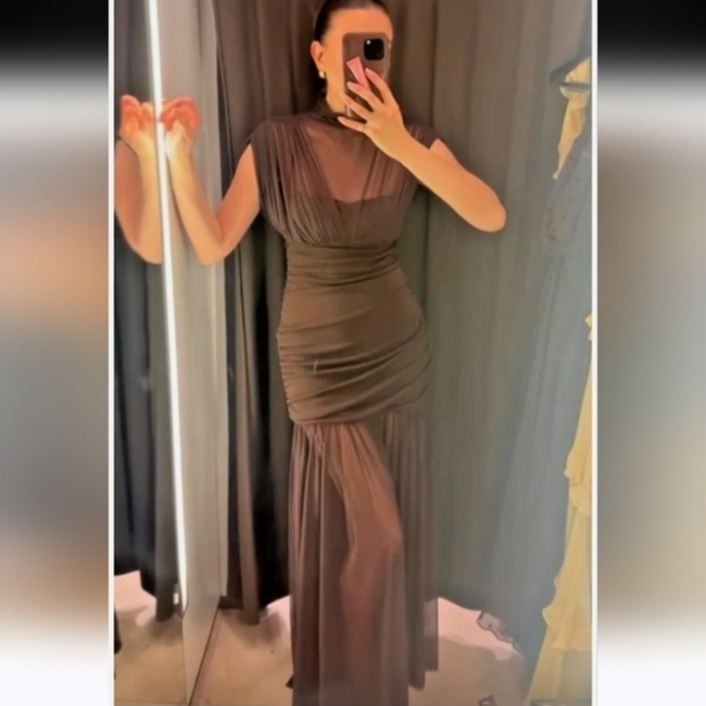 Zara Draped Midi Dress Brown NWT - Picture 8 of 16